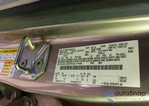 2017 Lincoln Mkc Reserve z USA, uszkodzony, nr VIN 5LMCJ3D97HUL11166